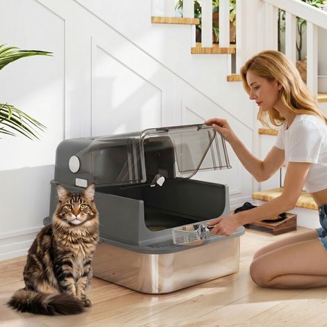 Bac à litière XXL 72L acier inoxydable avec double porte, couvercle, pédale, pelle et système anti-fuite pour plusieurs grands chats