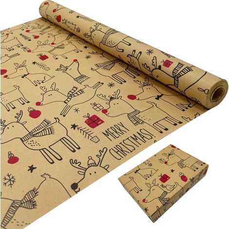 Papier cadeau de Noël pour emballage cadeau : rouleau de papier cadeau kraft imprimé avec motif festif de renne 43 cm x 15 m. (1/5)