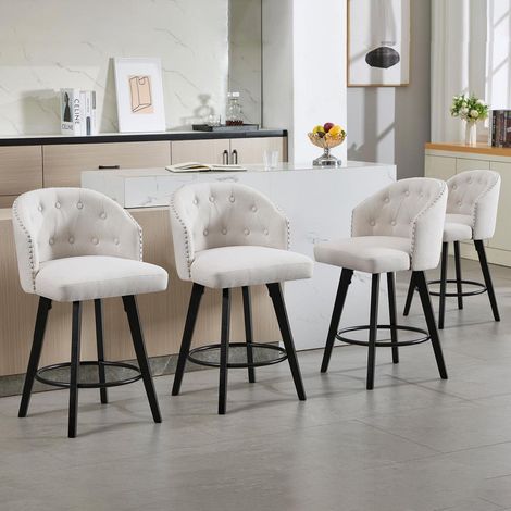 Lot de 4 tabourets de bar pivotants à 360° en lin, dossier ergonomique, pieds en bois massif, beige (1/5)