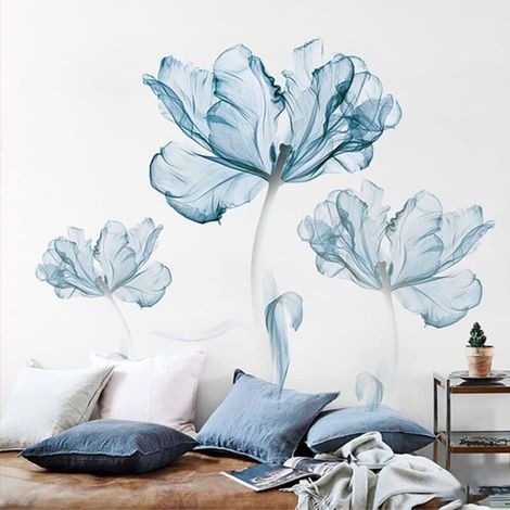 Stickers Muraux Fleurs Coquelicots Grand Autocollant Mural Aquarelle Floral Bleu Deco Stickers Salon Salle de Bain Chambre Décoration (1/4)