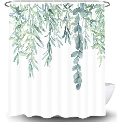 Rideau de salle de bain vert à motif aquarelle de feuilles d'eucalyptus pour baignoire (1/5)