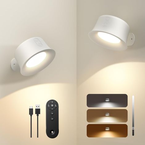 Applique Murale Interieur, Lampe Murale LED Rechargeable avec Télécommande ou Tactile, 3 Températures de Couleur et Luminosité Réglable, Lampe Murale sans fil pour Chevet de Chambre En Lisant