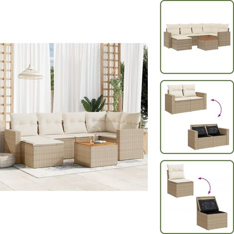 The Living Store 7-tlg. Garten-Sofagarnitur mit Kissen Beige Poly Rattan - Gartenmöbel - Esszimmergarnituren - Outdoor Möbel - Lounge Set - Rattan Gartenmöbel