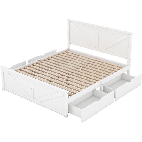 160x200 Lit plateforme en bois simple avec quatre tiroirs, blanc (1/5)