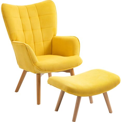Fauteuil inclinable velours côtelé jaune avec repose-pieds, fauteuil d'appoint à pieds en bois pour salon