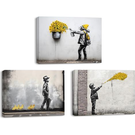 Tableau sur Toile Graffitis de Rue Tableau Decoration Murale, Image sur Toile Noir et Blanc Art Mural pour Salle De Bain Cuisine Bureau 58x40cm, avec Cadre Intérieur, Lot de 3 (1/5)