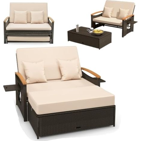 COSTWAY Lettino Regolabile da Giardino con Cuscino e Panca Contenitore, Divano Salvaspazio da Esterno con Schienale Regolabile a 4 Livelli e Vassoi Laterali Estraibili, per Piscina e Cortile (Beige) (1/5)