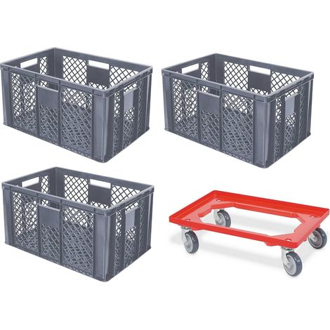 BRB Lot de 3 bacs euros ajourés, qualité alimentaire, 600 x 400 x 320 mm, avec chariot de transport (gris)