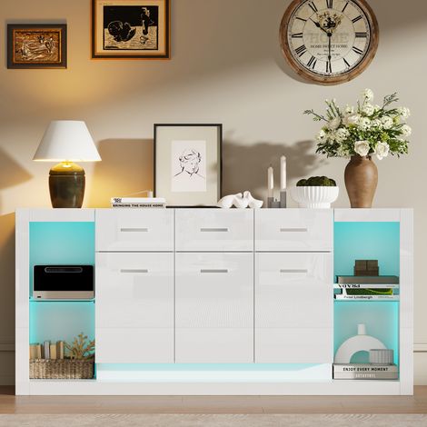 Buffet blanc 160 cm brillant, LED tactile, 3 tiroirs, 3 portes, verre trempé (1/5)