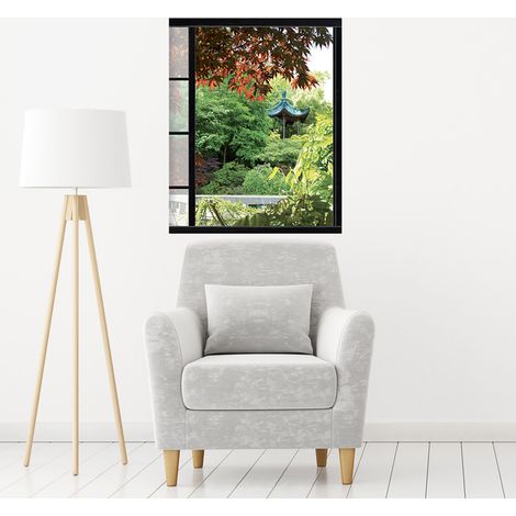 Sticker Fenêtre 3D Maison Asiatique Nature Jardin 60x75cm - Déco Trompe l'oeil Effet 3D pour Vitres Intérieures et Extérieures (1/5)