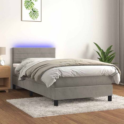 Cama box spring colchón y LED terciopelo gris claro 90x190 cm (1/5)