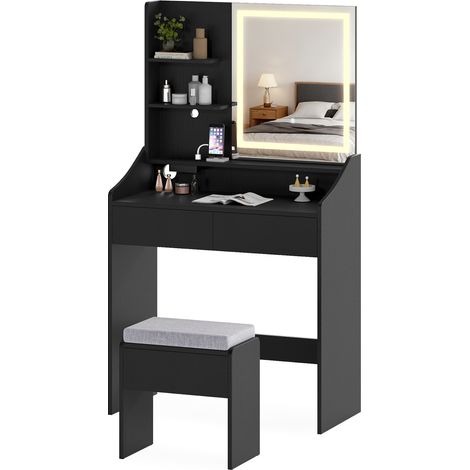 COSTWAY Dressing Table & Chair with 3 Light Colors Adjustable Brightness Black (1/5)