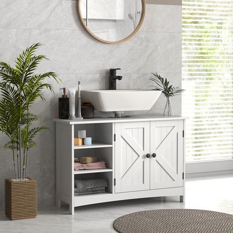 Meuble vasque salle de bain blanc 90x30x60cm, armoire 2 battants avec 3 étagères ouvertes en bois, rangement pour lavabo (1/5)