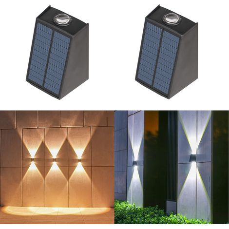 Luces solares para vallas, paquete de 2 lámparas LED solares de pared para exteriores con luz blanca cálida + blanca fría, impermeables para patio y jardín (1/5)
