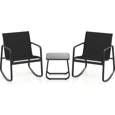 Salon de jardin 3 pièces en métal et textilène avec 2 chaises à bascule et table en verre trempé pour balcon et terrasse (1/5)