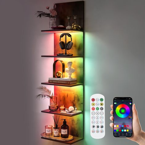 RGB Étagères Murale Suspendues Flottante 5 Niveaux Finition aspect Bois Dynamiques Lampadaire APP & Télécommande Montage Invisible Bibliothèque pour Salon Chambre Salle de Bain (1/5)