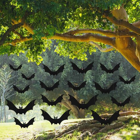 18 Stück Hängende Fledermäuse, Halloween-Dekoration Draußen Halloween Deko Outdoor mit Augenaufklebern zum Aufhängen von Baum Hofschild Veranda Rasen Tür Wand (3 Größen) (1/5)