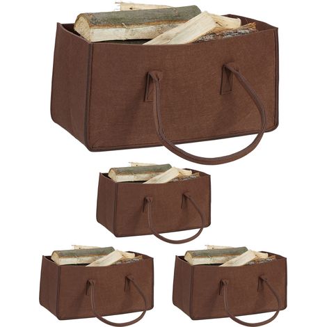 4x Borsa Portalegna per Camino in Feltro Cesto Portatile Portariviste Pieghevole HxLxP: 25x25x50 cm, Marrone