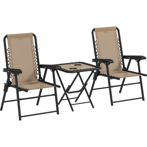 Three-Piece Garden Table and Chair Set， Padded Seat, Cup Holder，Folding Reclining Patio  - Khaki