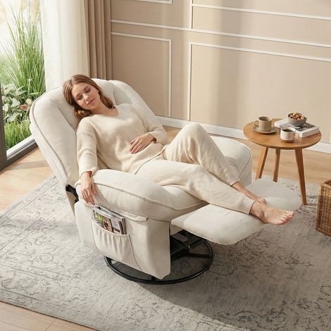 Fauteuil inclinable pivotant à bascule avec assise profonde, coussin de dossier épais, montage facile, couleur crème (1/5)