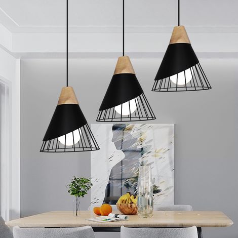 Industrial Modern Pendant Light in Badminton Shape Chandelier 3 Lights in Metal Wood Ceiling Light E27 for Dining Room Kitchen Living Room Black (1/5)
