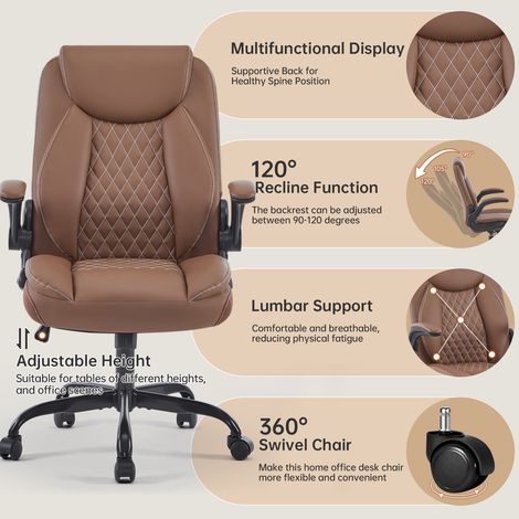 Fauteuil de bureau ergonomique en cuir régénéré marron, avec soutien lombaire, accoudoirs relevables, assise rembourrée à ressorts ensachés et hauteur réglable – CHICFURN (1/5)