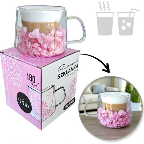Vaso térmico ECARLA con doble fondo y diseño de hortensias en el interior. Rosa. SZK74. 180 ml. (1/4)