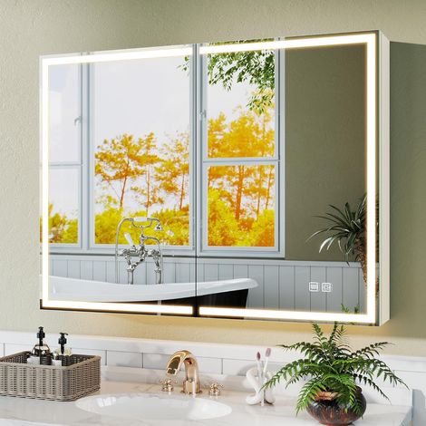 Armoire Salle de Bain LED 60x80cm, Armoire Murale Salle de Bain avec Éclairage en Aluminium, Anti-buée, 3 Couleurs, Dimmable, Mémoire, Rangement, Verre Trempé HD, IP44, Blanc (1/5)