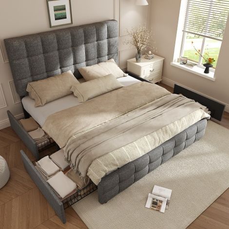 (=622122AAG) Letto imbottito con 4 cassetti, letto matrimoniale con rete a doghe, letto contenitore, testiera regolabile in altezza e cuciture a quadri, supporto a doghe in metallo, materiale in lino  (1/5)
