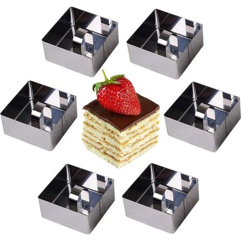 Lot de 6 cercles à pâtisserie en acier inoxydable avec poignée, pour la cuisson de gâteaux, mousses et desserts. Dimensions : 8 x 3,8 cm. Couleur : argenté. Forme : carrée. (1/5)