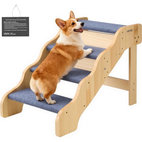 VEVOR Escalier pour Chien en Bois 4 Marches pour Chien pour Canape Lit Voiture Chats Chiens Animaux de Compagnie Jusqua 68 kg, Surface Antiderapante, Hauteur Marche 12 cm, en Bois de Pin et Feutrine (1/5)