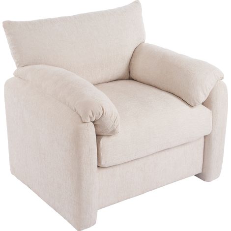 Fauteuil Large 1 Place avec Coussin Accoudoirs Confort, Assise Ergonomique, Cadre Bois et Métal, Tissu en Chenille, Beige