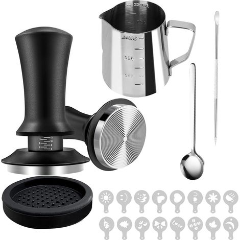 Ensemble de Tasseur à Café de 51 mm, Kit de 22 Accessoires à Espresso avec Tasseur Étalonné à Ressort, Outil WDT, Tapis, Agitateur, Stylo pour Art du Lait, Pichet à Mousser le Lait et Pochoirs (1/5)