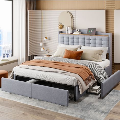 Letto adulti 140x200 cm con porta USB, comodino con vano portaoggetti e 4 cassetti, struttura in lino, senza materasso, grigio chiaro (1/5)