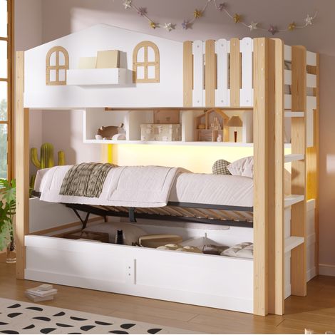 Litera infantil 90x200 cm estilo cabaña con LED, almacenamiento abierto, arcón abatible y escalera reversible, blanco y madera natural (1/5)