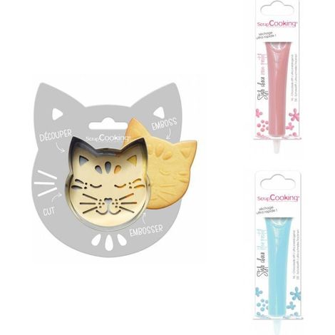 Kit pour biscuit en relief Chat + 2 Stylos au chocolat rose pastel et bleu pastel