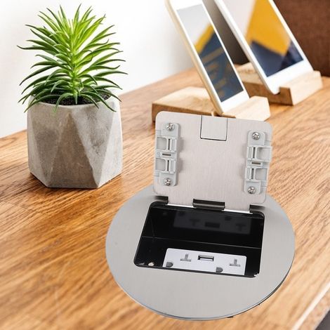 Universelle 125-V-Bodeneinbausteckdose, silberfarbener Edelstahl, zwei US-Dreilochsteckdosen + zwei USB-Anschlüsse, rundes Design in Marmoroptik, 20 A (1/5)