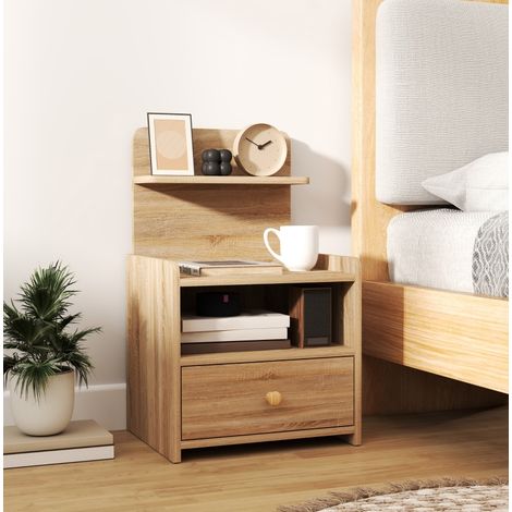 Comodino moderno in legno naturale effetto rovere, 1 cassetto e 1 vano aperto, 40 x 35 x 66 cm