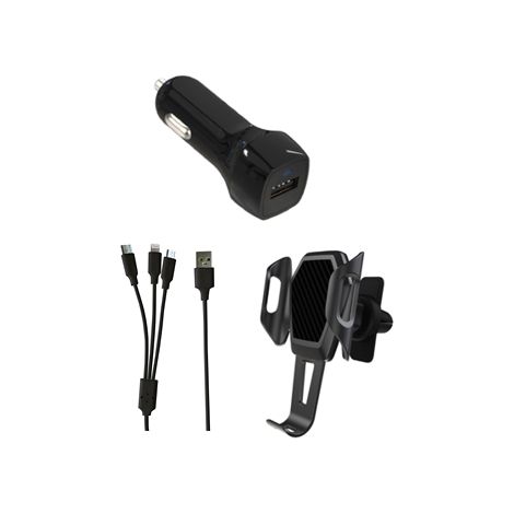 Kit Voiture 1x Câble Micro USB / Lightning / Type C + 1x Support + 1x Chargeur Allume Cigare Longueur du câble 1m, Chargeur 5V / 1W (1/3)