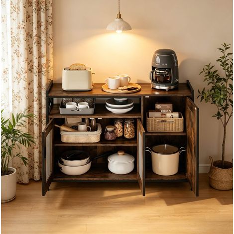 Buffet de cuisine 110x33x75 cm brun rustique en bois d’ingénierie et métal avec étagères réglables (1/5)