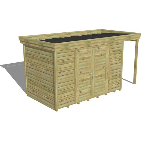 ABRI DE JARDIN bois Pin autoclave 27mm - 4,44x2,14m / 9,5m2 - Bac acier - Plancher bois (1/5)