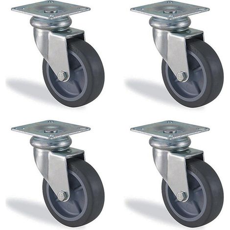 Lot de 4 roulettes pivotantes caoutchouc gris 75mm – Charge 180kg – Fixation 6.5x12mm – Platine 64x64mm pour matériel d'atelier – HTR