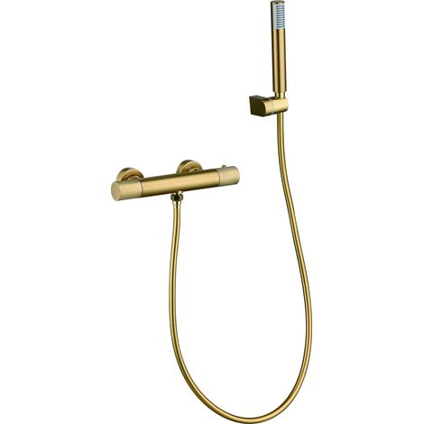 IMEX Duschset Line – Thermostatarmatur aus gebürstetem Messing in Gold runder Duschgriff ABS-Halterung PVC-Flexschlauch TURN CLEAN SYSTEM Kartusche – Modell Imex-BTD038-5OC (1/2)