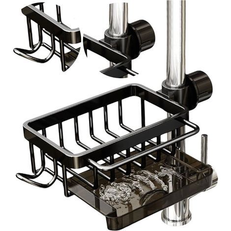 Küchenarmatur-Schwammhalter, Wasserhahn-Schwammhalter mit Haken, Hängeregal mit Abtropfschale, für runde Wasserrohre mit 0,7-1,1 Zoll Durchmesser (Schwarz, Rechts) (1/5)
