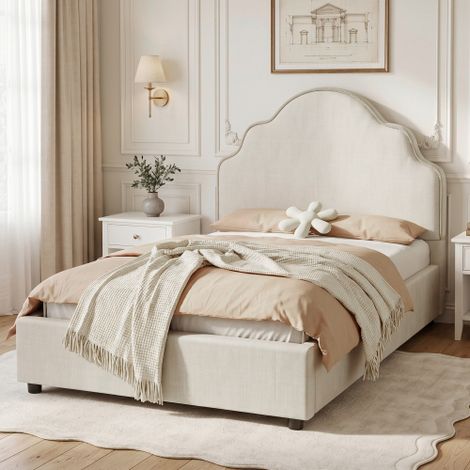 Letto imbottito, letto singolo, letto per bambini 90 x 200 cm, letto con testiera imbottita, lino, beige (1/5)