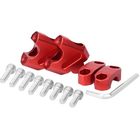 Questo kit di rialzo per manubrio da moto da 22 mm aumenta l'altezza della base e la sposta all'indietro. È adatto a manubri da 22 mm ed è disponibile in rosso.