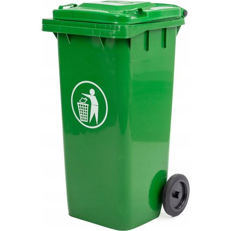 Cubo de basura Mirpol de 120 l, plástico verde con tapa y ruedas, 1 unidad. (1/5)