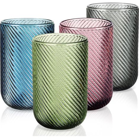 Set of 4 Multicoloured Water Glasses, 410 ml Drinking Glasses, Decorated in Striated Relief, Modern Table Glass for Sparkling Water, Fruit Juice, Aperitif and Beer, Dishwasher Safe (Blue, Grey, Green, (1/5)