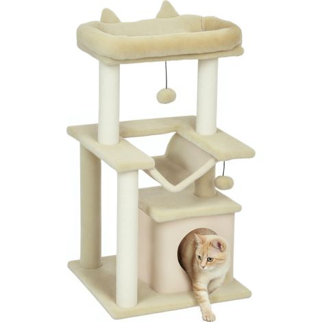 Katzenbaum, Kratzbaum mit Spielzeug, Sitzstange, Hängematte, 48 x 48 x 90 cm, Creme