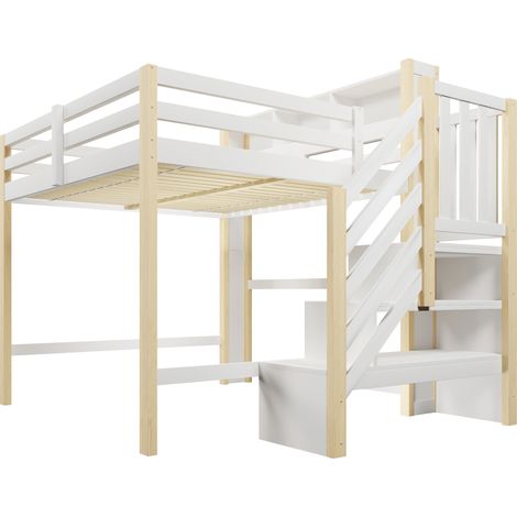 Lit mezzanine enfant 140x200 cm avec LED, escalier de rangement, blanc et naturel (1/5)